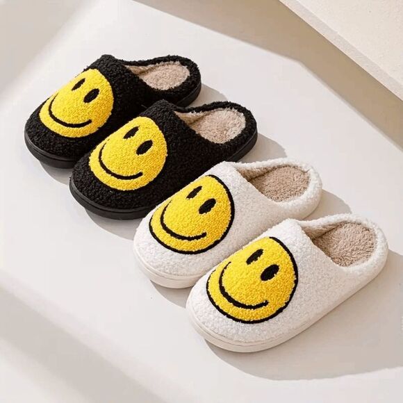 Black and Yellow Fuzzy Smiley Face Slippers Size 5.5/6 - Picture 2 of 2